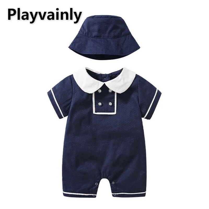 

Summer Clothes Baby Girl Boy Romper Peter Pan Collar Short Sleeves Dark Blue Cotton Jumpsuit with Cap for Newborn Clothing E7723