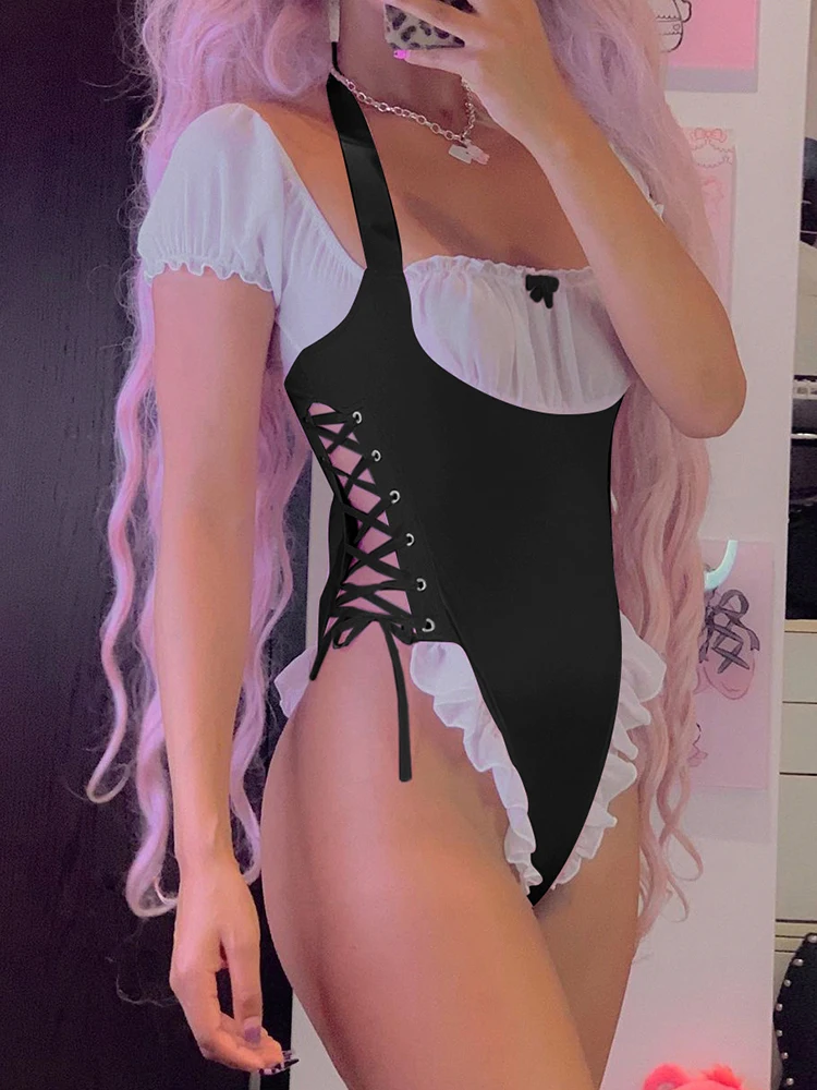 Сексуальное боди IAMHOTTY в стиле пэчворк с оборками и боковым поясом женский милый