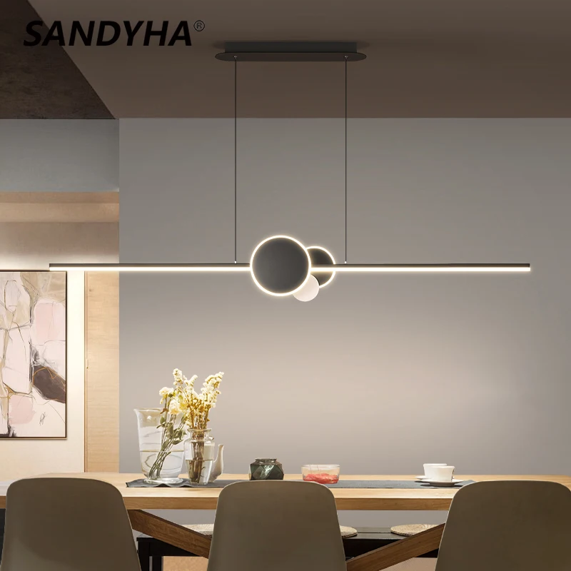 

SANDYHA Nordic Minimalist Led Chandeliers Long Strip Ring Black HangLamp for Dining Room Bedroom Home Decor Lustre Pendant Light