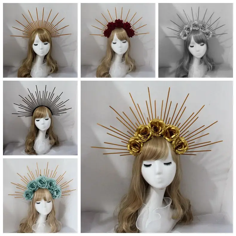 

DIY Kit White Rose Black flower crown Halo birthday headdress sunburst patron saint virgin Mary Headlights For Wedding Festival
