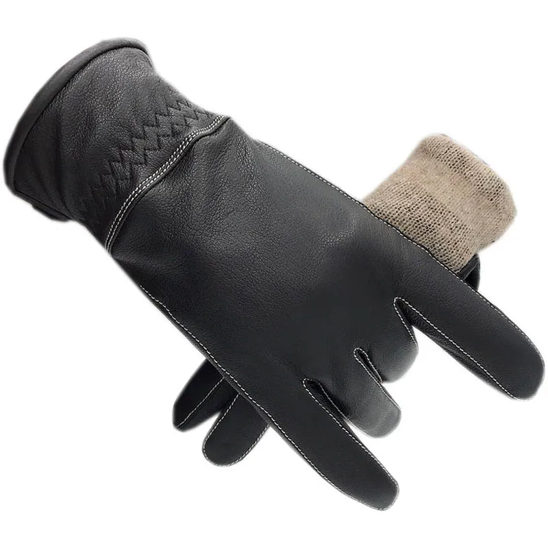 Winter men's deerskin warm gloves touch screen new black leather driving outdoor winter deerskin men's warm large new gloves spl
