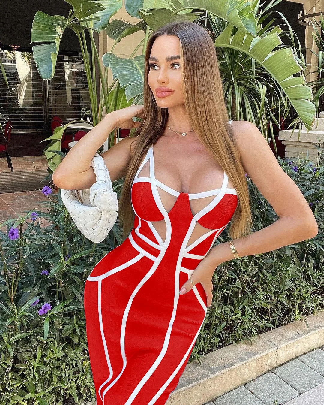 

Striped Red Bandage Dress for New Year 2022 Women Midi Bandage Dress Bodycon Summer Mesh Sexy Party Dress Evening Club Outfits