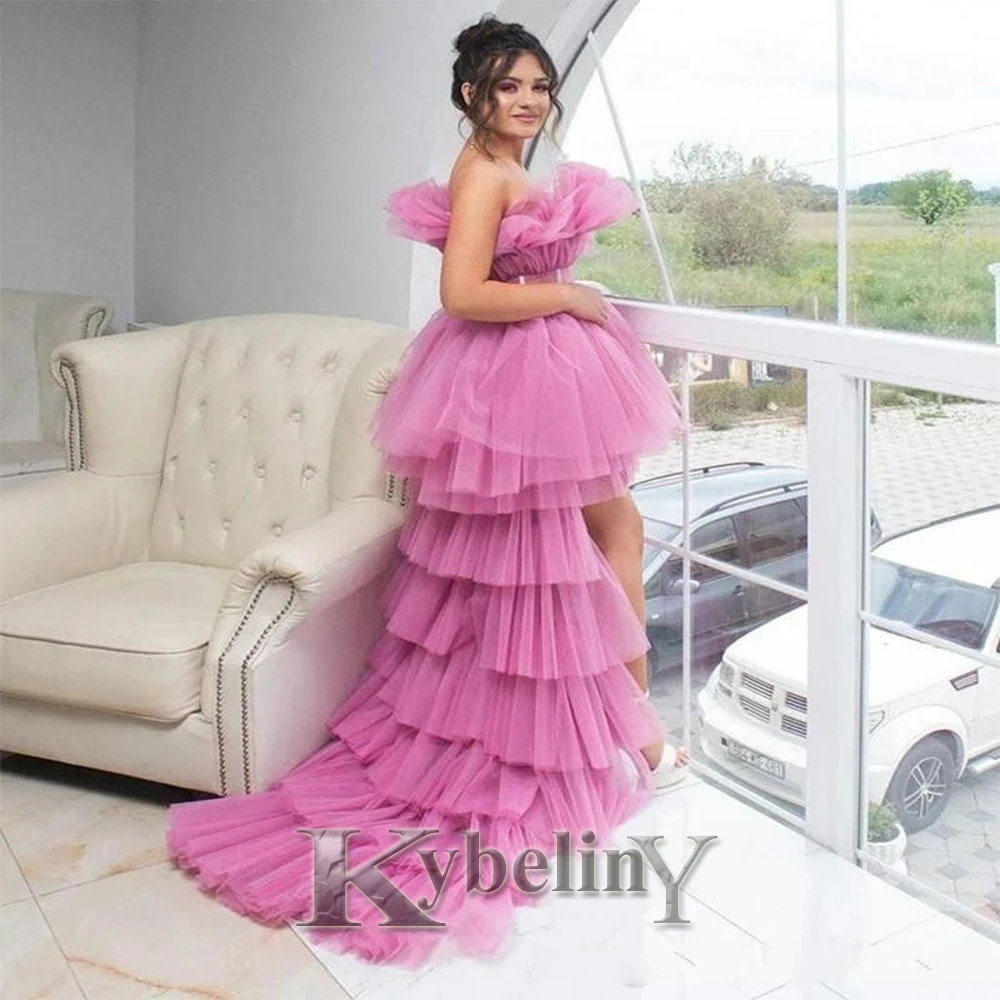 

Kybeliny Hot Pink High Low Puffy Prom Dress Sash Ruched Strapless Tiered Tulle Tutu Cocktail Party Vestido De Fiesta Customised