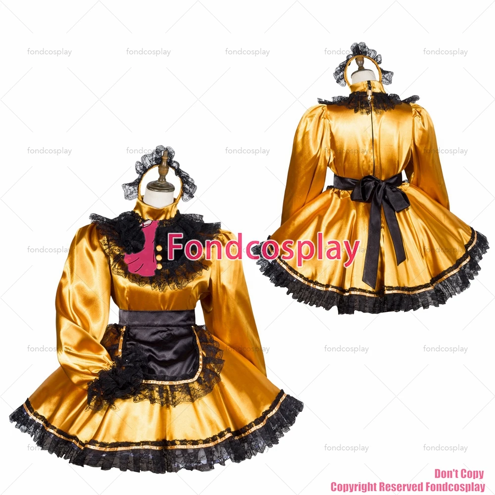 

tailor-made sexy adult dressing cross maid sissy gold satin dress lockable uniform black apron costume tv/cd[g3805]