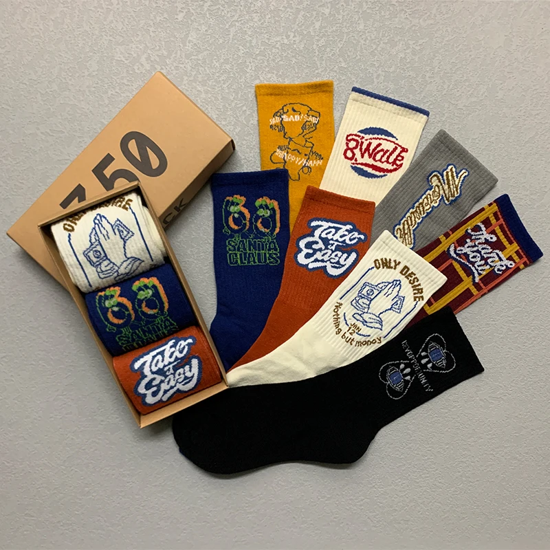 3 Pairs/Box West Coast Letter Stockings Cotton Harajuku Funny Fashion Personality Hip Hop Sport Retro Men Women Socks for Gifts