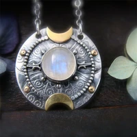 vintage style inlaid moonstone texture pattern moon notch round amulet pendant necklace unique mens womens anniversary jewelry