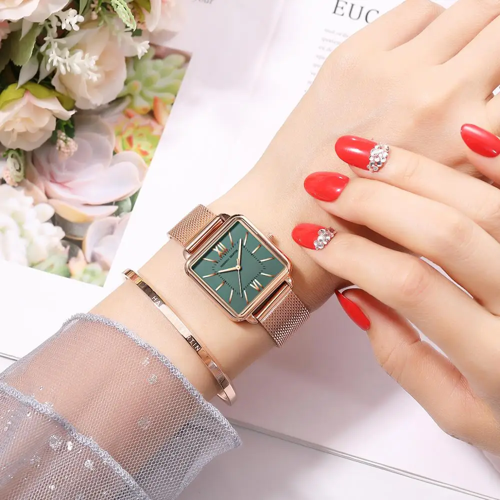 

Japan Quartz Movement Green Dial Roman Square Watches Case Stanless Steel Fashion Wristwatch Ladies Rose Gold Watches For Women