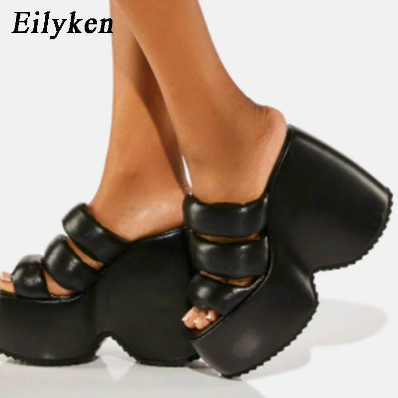 

Eilyken New Arrived Square Toe Wedge Platform Woman Slippers Summer Thick Bottom Slides Sandals Black Zapatos De Mujer