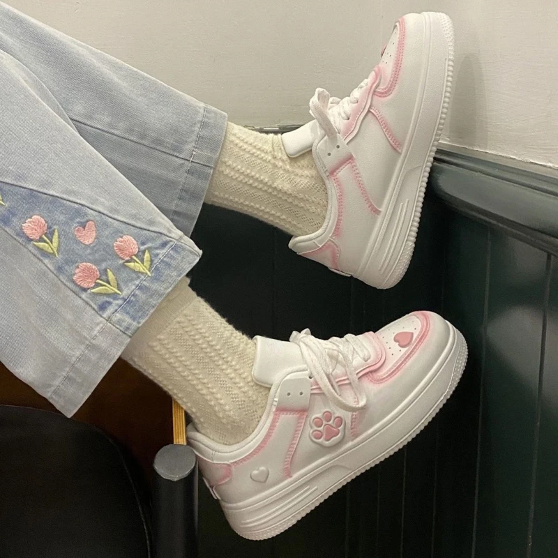 Women Kawaii Cat Paw Pattern White Breathable Summer Fashion Shoes Love Heart Ladies Footwear