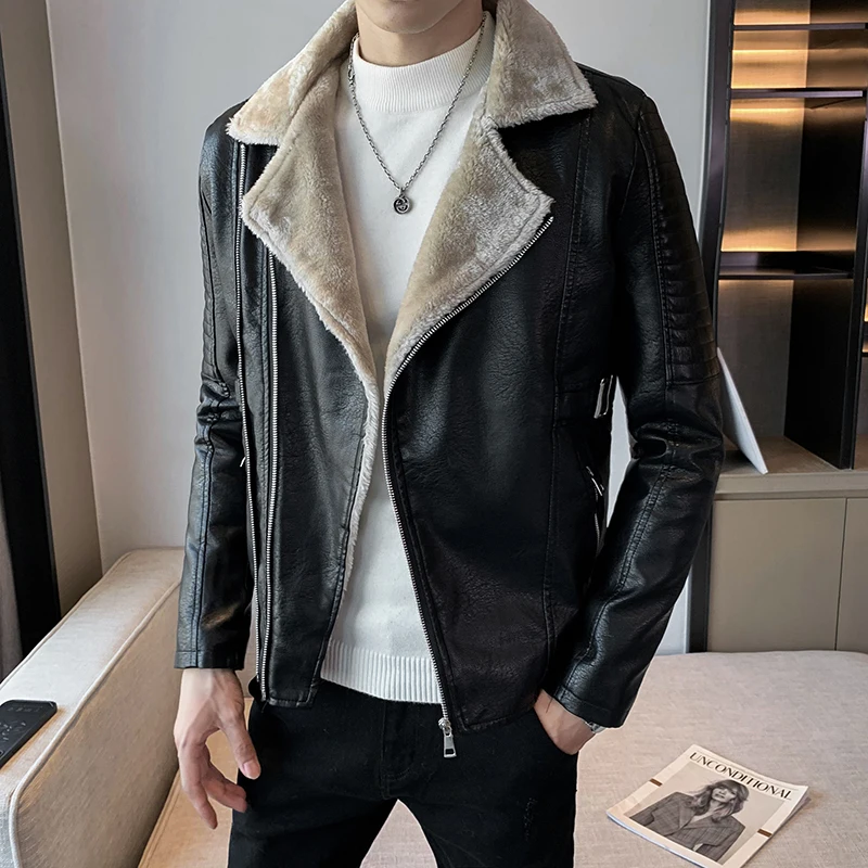 Autumn Winter Men's Leather Jackets Plus Velvet Thickened Lapel Motorcycle Jacket Casual Streetwear Social Overcoat Male Clothes