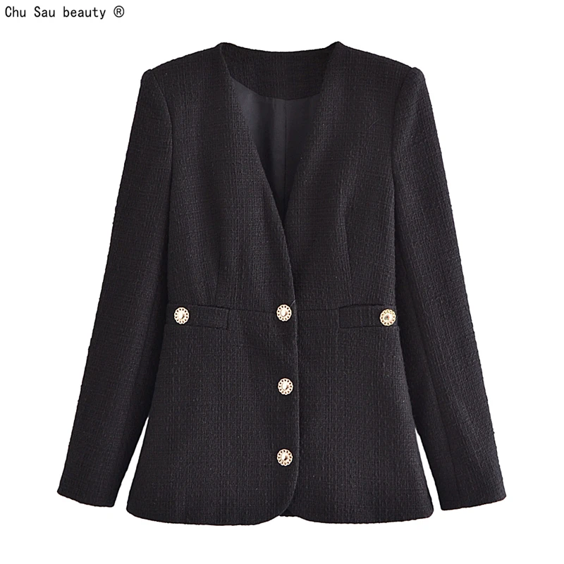 

Autumn Fashion Vintage Elegant Collarless Top Textured Single-Breasted Long Sleeve Slim-Fit Jacket Solid Color Blazer Women