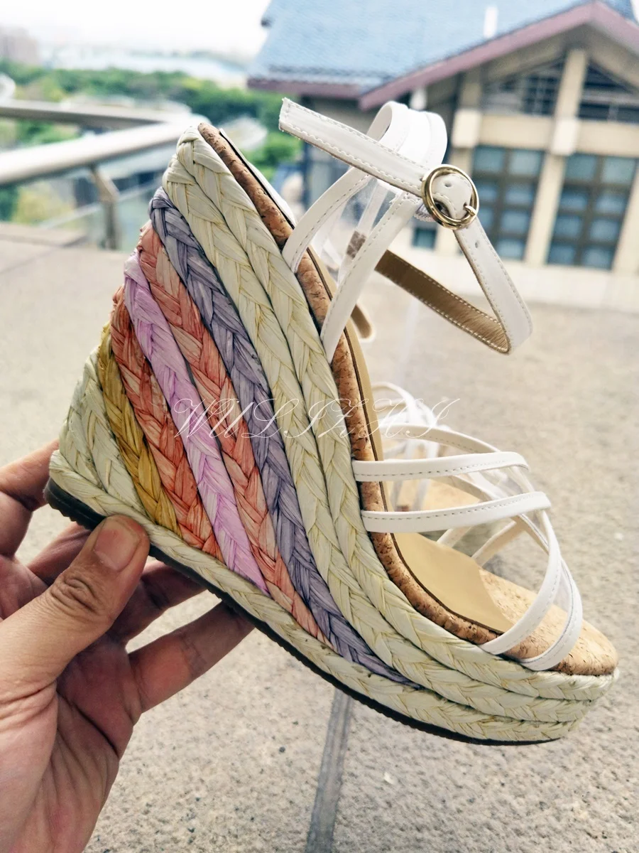 Women Elegant Rainbow Wedge Espadarille Open Slingback Platform Buckle Sandals Cross Design Mixed Colors Cute Sweet Dress Shoes