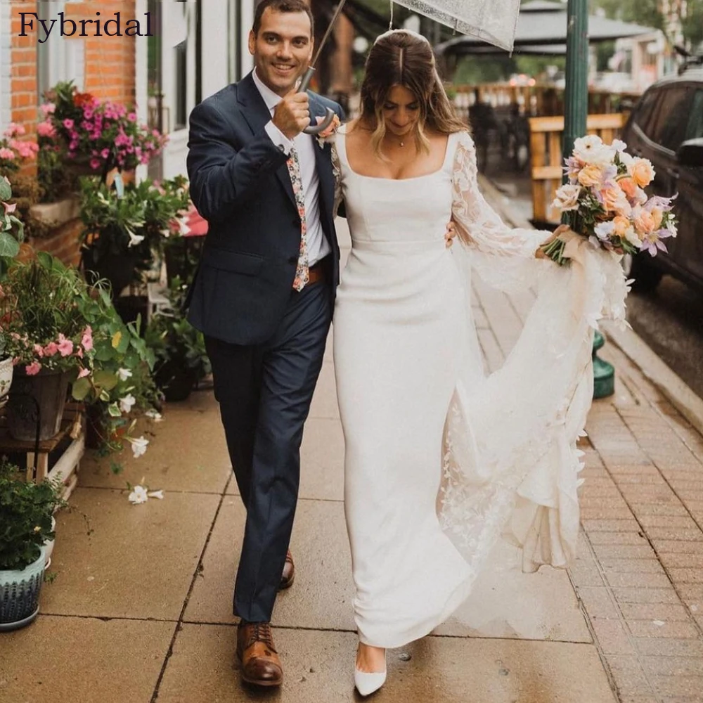 

Elegant Square Collar Wedding Dress Mermaid Lace Appliques Long Sleeve Spandex Bride Dress Robe De Mariee Vestidos De Novia 2022