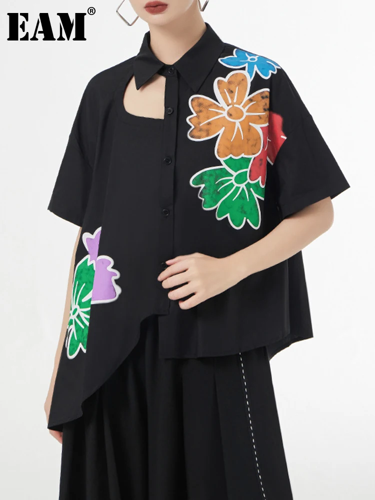 

[EAM] Women Black Pattern Hollow Out Big Size Blouse New Lapel Half Sleeve Loose Fit Shirt Fashion Spring Autumn 2023 1DF8065