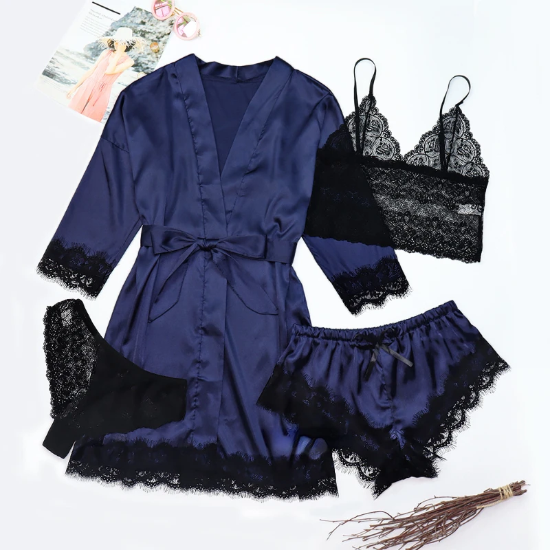 

Woman Sleepwear 4pcs Floral Lace Trim Satin Pajamas Set with Robe Sexy Faux Silk Pijamas Robe Sets Casual Home Clothes Nightwear