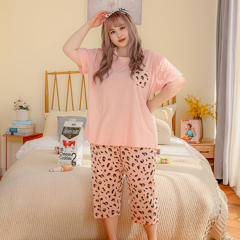 

Summer pink tiger leopard fat mm oversized pajamas women 100kg Sweet cartoon Pullover home clothes set