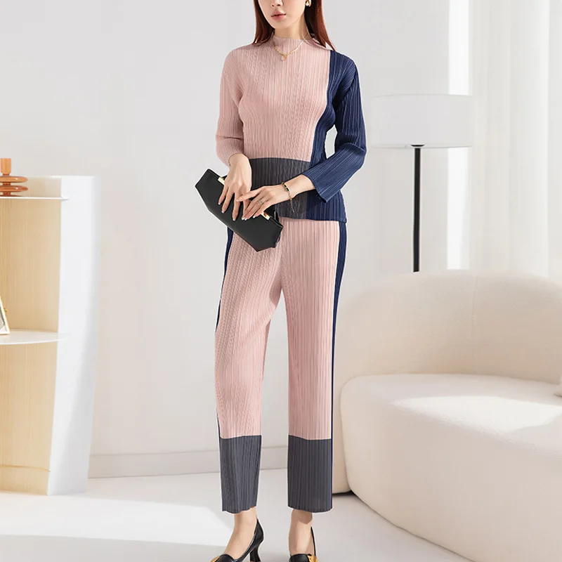 women's Sets Miyake Pleated Fashion matching color crew-neck top + high-waisted straight trouser suit