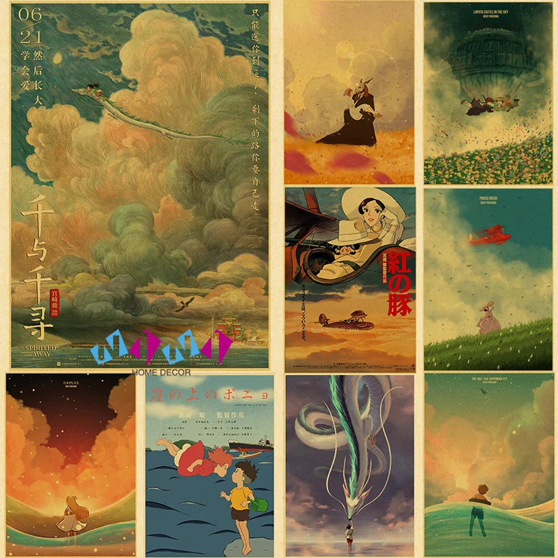 

Hayao Miyazaki Anime Retro Kraft Paper Posters Spirited Away Kiki's Delivery Service Room Home Bar Cafe Decor Art Wall Paintings