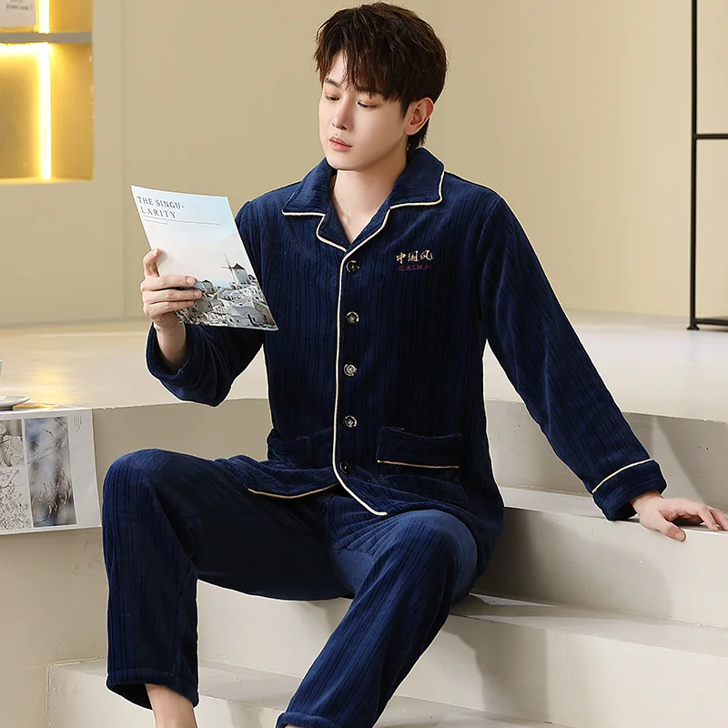QUHENG Winter Pajamas for Man Set Flannel 2022 New Plus Size Pijamas Pocket Buttons 2 Pieces Home Clothes Suits Pyjama Sleepwear