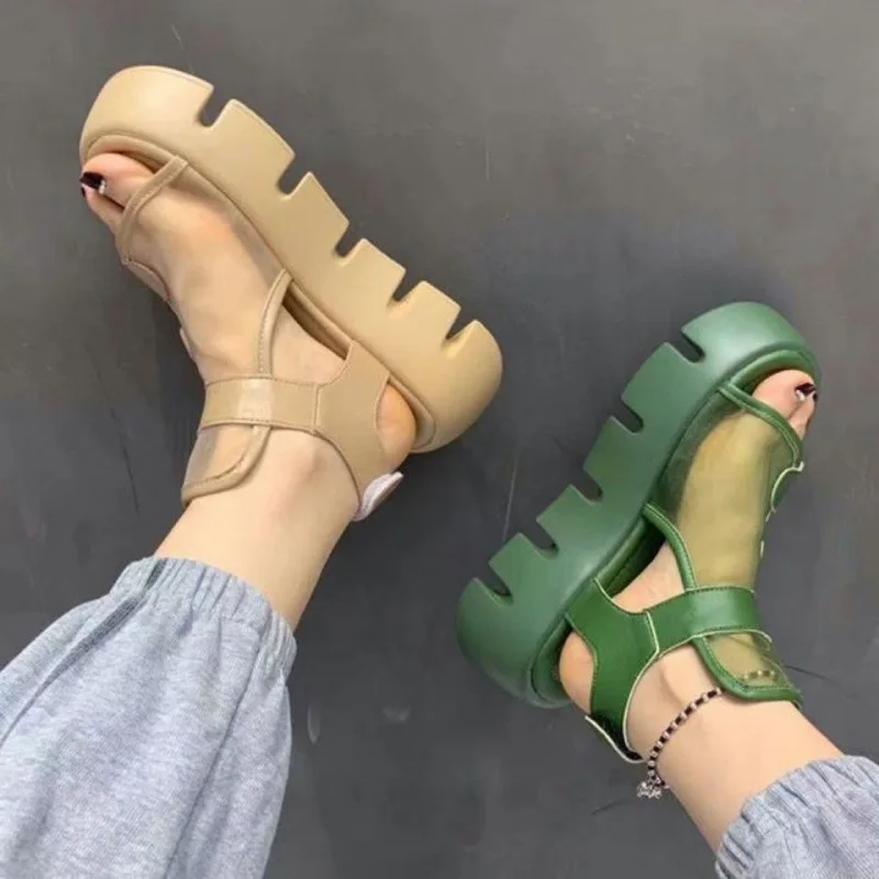 

Sandals Women 2022 Summer New Fashion Thick-bottomed Breathable Eugene Yarn Mesh Magic Paste Roman Sandals Hook & Loop