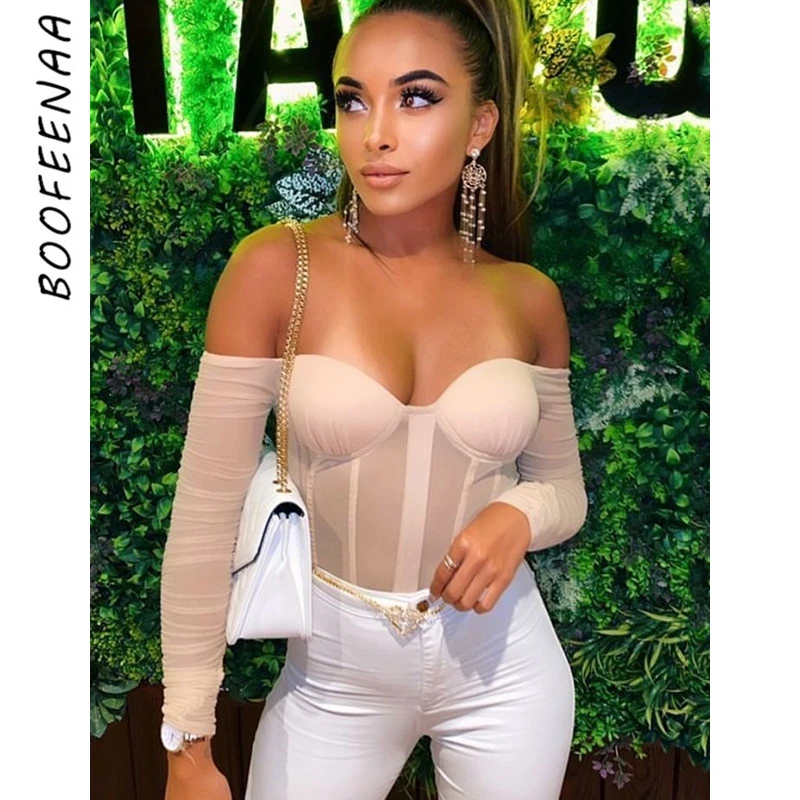 

BOOFEENAA Sexy Mesh Sheer Black Bodysuit Club Outfit Off Shoulder Long Sleeve Corset Tops Women 2022 Spring Clothing C92-CE15