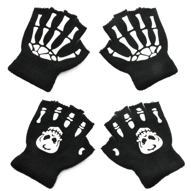 

CPDD готические детские вязаные перчатки, черные перчатки с полупальцами, светящиеся перчатки с черепом, перчатки со скелетом для карнавала, ...
