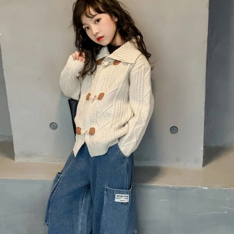 Новый цельный свитер для девочек пальто весенне-осенний вязаный свободный