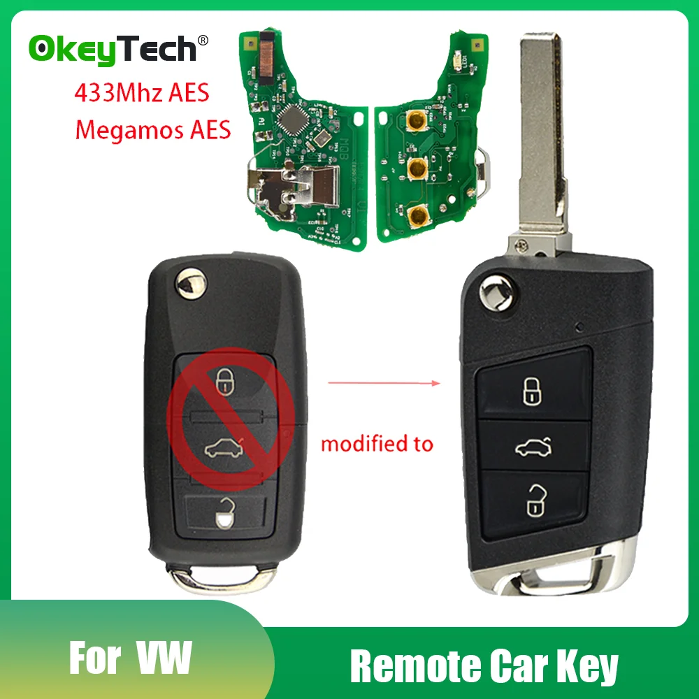 

Okeytech 3 Buttons 433Mhz Modified Remote Car Key For VOLKSWAGEN POLO Passat B5 Golf MK5 CADDY TIGUAN TOURAN Megamos AES Chip