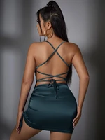 y2kdraped drawstring side lace up backless satin bodycon dress