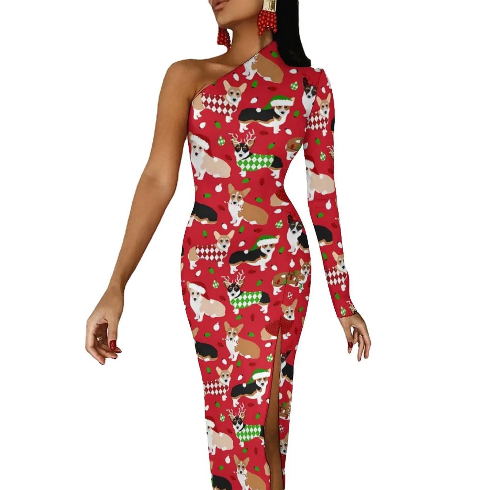 

Christmas Corgi Long Dress Women Dogs Print Party Maxi Dress Autumn Pretty Bodycon Dresses High Slit Custom Vestidos