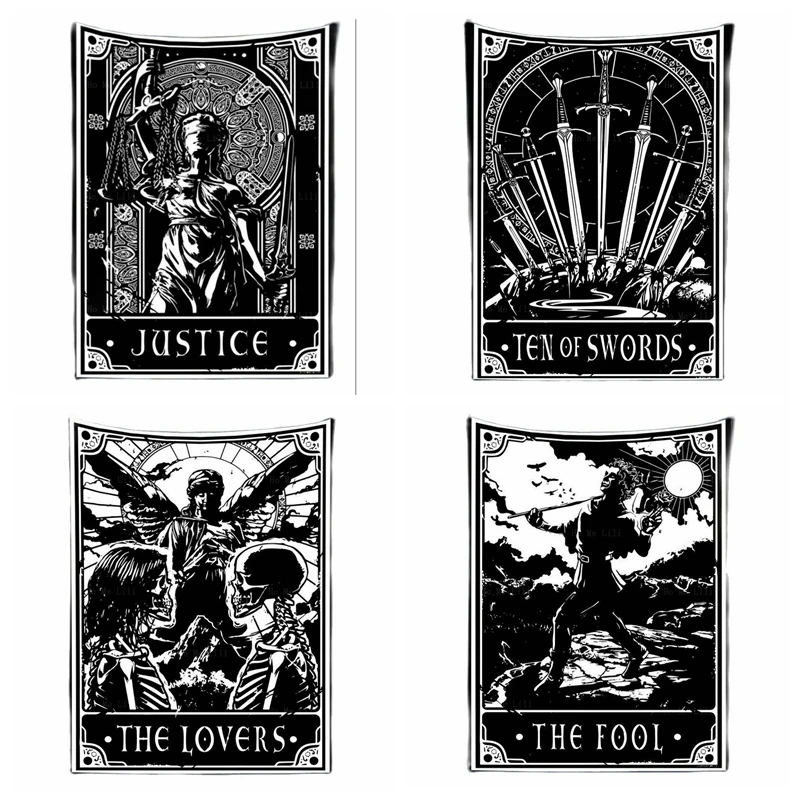 

Justice Ten Of Swords Black White Tarot Card Tapestry Wall Hanging Sorcery Divination Bohemian Hippie Bedroom Background Decor