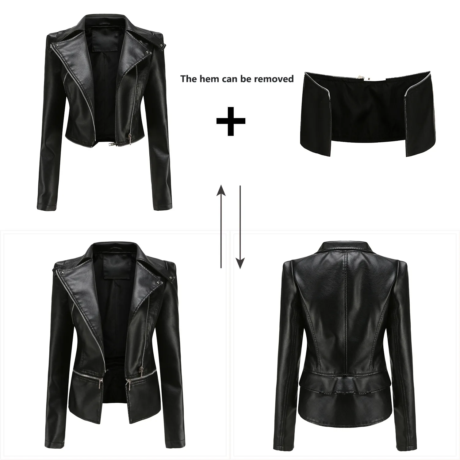Women Bike Coat PU Leather Outwear Zipper Outfit Spring Autumn WomeFashion Black Apricot Red Detachable Hem Female Jacket 2022
