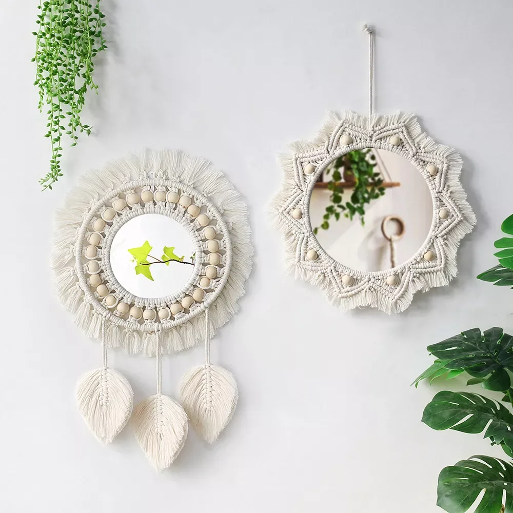 

Boho Macrame Round Mirror Decorative Mirrors Aesthetic Room Decor Hanging Wall Mirror for Bedroom Living Room House Decoration