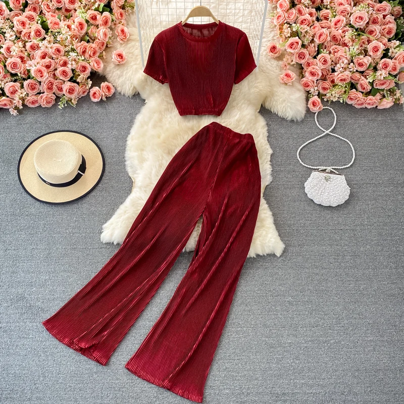 

Women Summer Set Short Sleeves Loose Top+ Wide Leg Long Pants Streetwear Ladies Pleated Suits Chic Two Piece Sets Fashion Suits