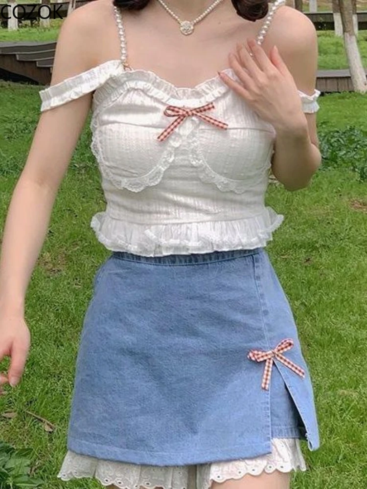 

Юбка кавай джинсовая женская, кружевная, трапециевидная, в стиле препси, голубая