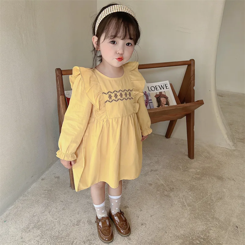 

Little Girl Long Sleeve Dress Baby Girls Casual Cotton Embroidery One Piece Dresses Korean Children's Clothing From 2 To 7 Years