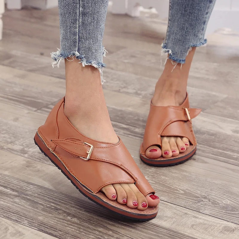 

Girls Buckle Shoes Vintage Summer Flat Sandals PU Leather Beach Shoes Large Size Ladies Non-slip Open Toe Sandals Party Footwear