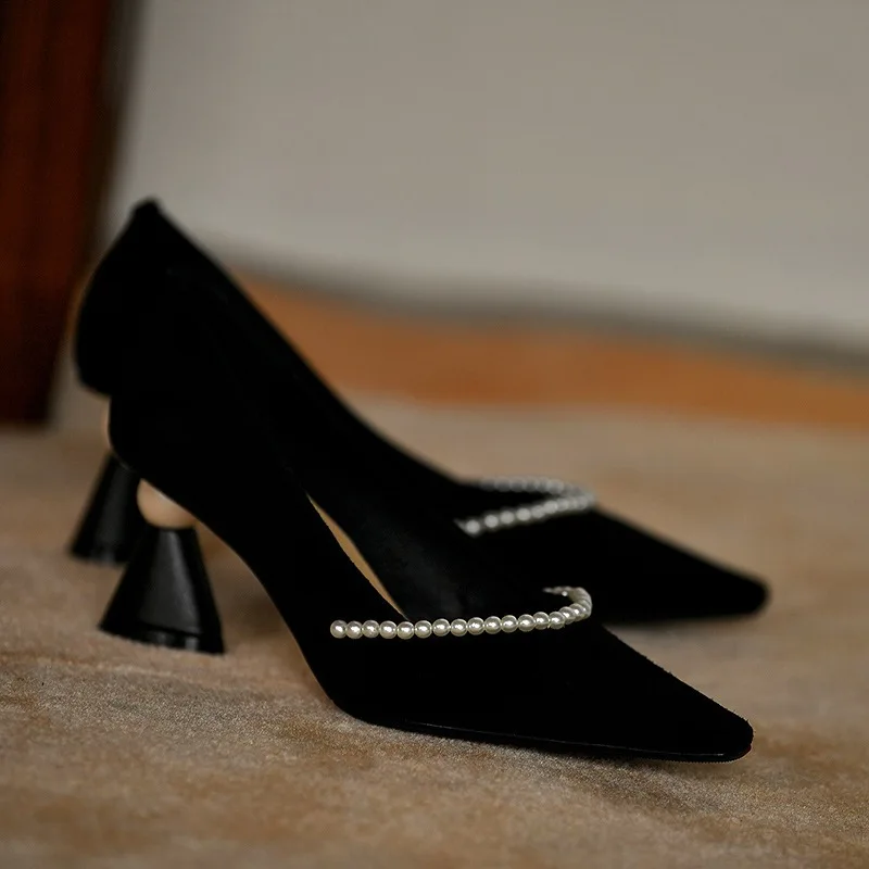 

Comemore 2022 Spring Summer Pumps with Pearl New Fashion Luxury Women's High Heels Black Shoes Beaded Thick Heel Shallow Women