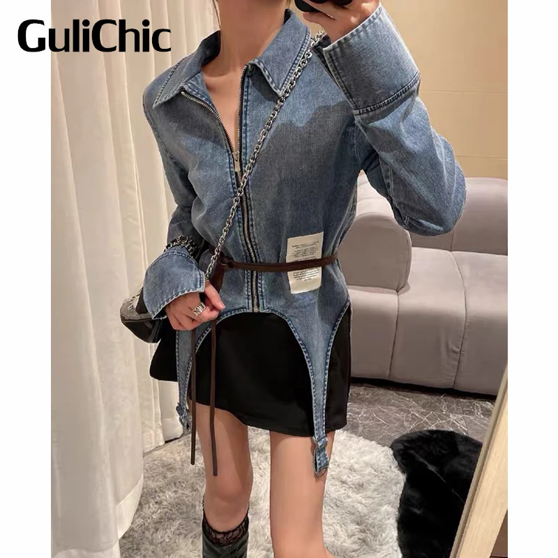 

Женская джинсовая куртка GuliChic 4,15 года в стиле High Street с подтяжками и молнией