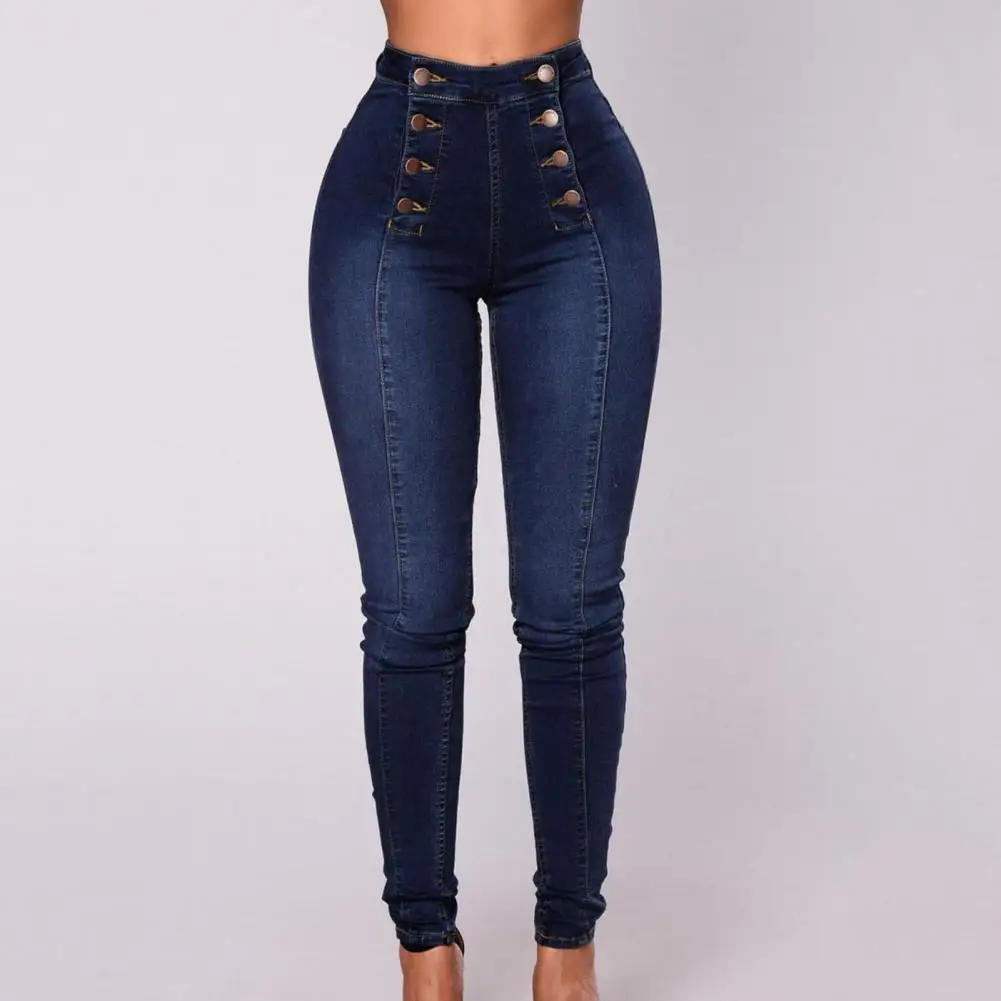 Vintage Skinny Double-breasted High Waist Pencil Jeans Women Slim Fit Stretch Denim Pants Full Length Denim Tight Trousers Pants