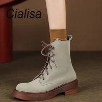 cialisa women ankle boots round toe fashion 2022 new autumn winter shoes cow leather lace up thick heel lady martin boots yellow
