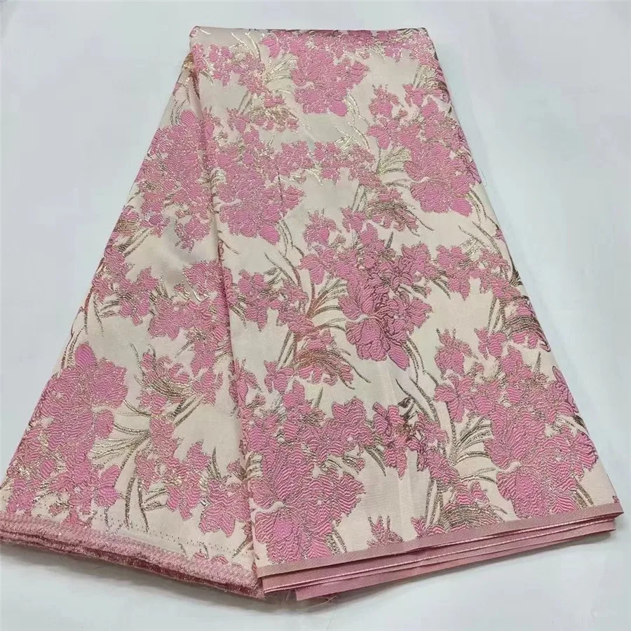 

Розовая Женская жаккардовая ткань, Цветочная позолоченная кружевная ткань, нигерийское дамасское платье, материал Brocard ткань, Африканский ...