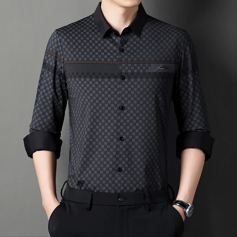 High End Men Long Sleeved Seamless Plaid Shirt Printing Business Casual T-shirt Top 2022 Spring Autumn Fashion Men's Clothing