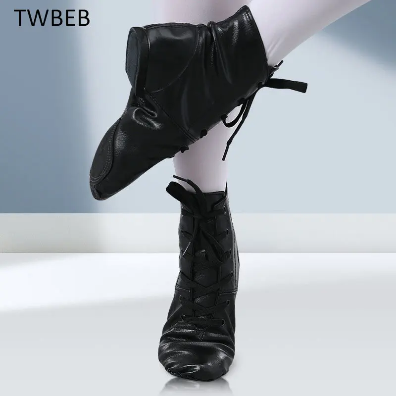 

New Leather Jazz Dance Sneakers Lace Up Soft Sport Shoes for Men Women Black Hip-Hop Shoes High Jazz Dance Shoes for Adults