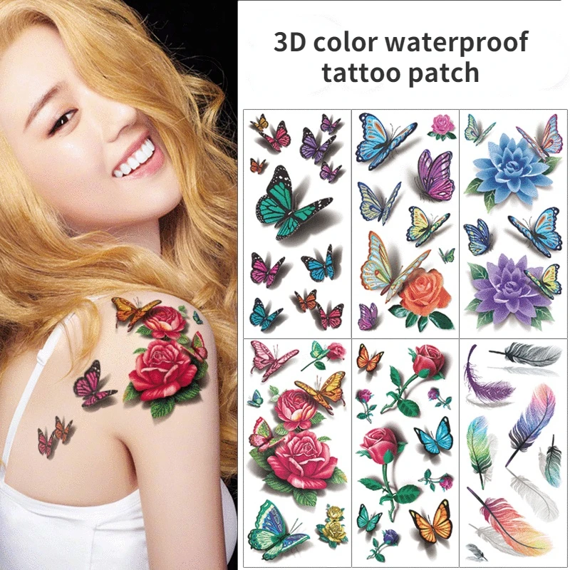 

3D waterproof tattoo paste color three-dimensional butterfly tattoo paste flower insect sticker rose cover scar tattoo sticker
