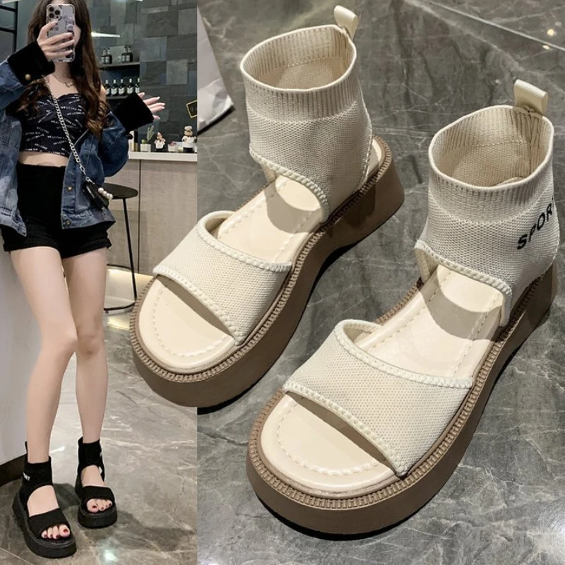 

Casual Sports Sandals Female Summer Wedges Round Head Slippers Solid Color Beach Walking High Top Shoes Sandalias De Plataforma
