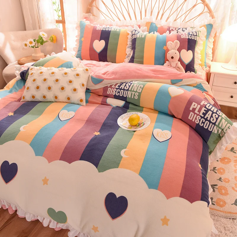 

Fiber Four-Piece Set Winter Coral Fleece Fleece-Lined Double-Sided Thickening Thermal Duvet Cover Non-Slip Bed Sheet Non-Static