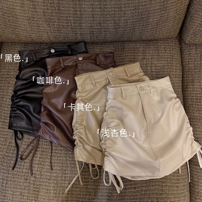 

Leather Skirt Women's High Waist Slim Drawstring Pleated Wrapped Hip Skirt 2022 New Black Strap Skirt ZA Fashion Harajuku Y2k