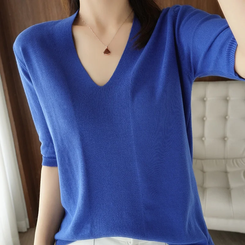 

RONGYI Summer New Cotton Short-Sleeved Bottoming Sweater Women's V-Neck Pullover Temperament Short Cotton Half-sleeved T-Shirt