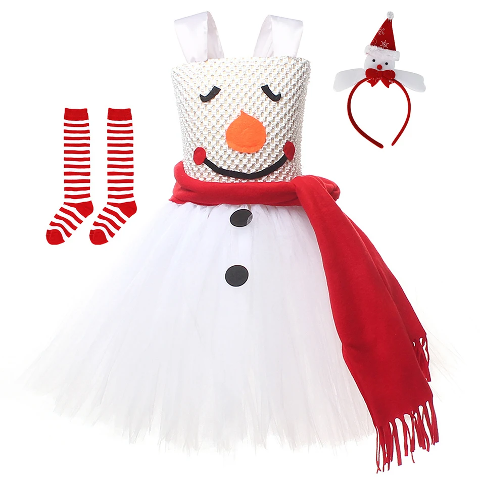 Рождественский костюм детская одежда со снеговиком белое сетчатое платье пышная